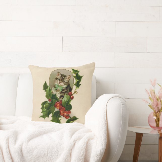 Cojín Decorativo Gato Navidades Merry Holly Kitten Arte Antiguo (Sofá)