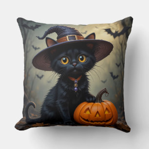 Cojín Decorativo Gato negro adorable que lleva sombrero de bruja