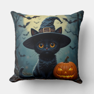 Cojín Decorativo Gato negro adorable que lleva sombrero de bruja