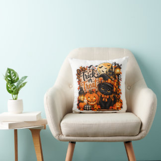 Cojín Decorativo Gato Negro Adorable Truco o Trato Calabaza de Hall
