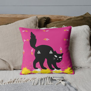 Cojín Decorativo Gato negro blanco amarillo patrón rosa personaliza