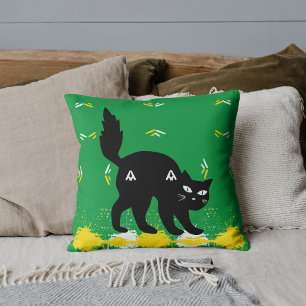 Cojín Decorativo Gato negro blanco amarillo Patrón verde personaliz