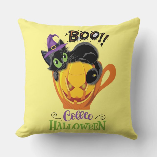 Cojín Decorativo Gato negro boo, calabaza temerosa café Halloween (Anverso)