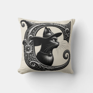 Cojín Decorativo Gato Negro Bruja Brujeril Letra C Inicial Personal