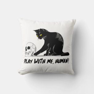Cojín Decorativo Gato negro con cráneo jugando conmigo, humano ater