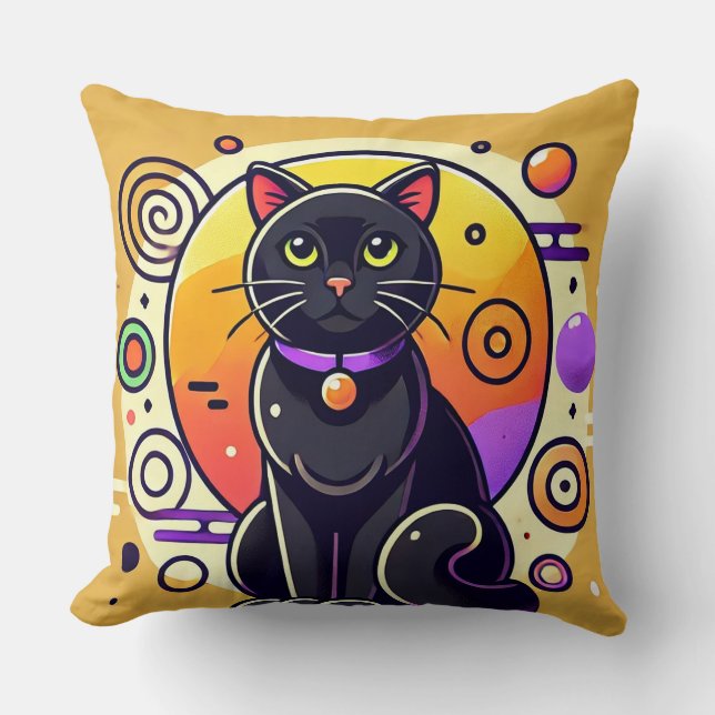 Cojín Decorativo Gato Negro Con Patrones Geométricos (Anverso)