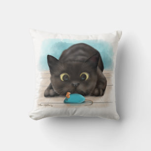 Cojín Decorativo Gato Negro con Ratón de Juguete Dibujo Animado
