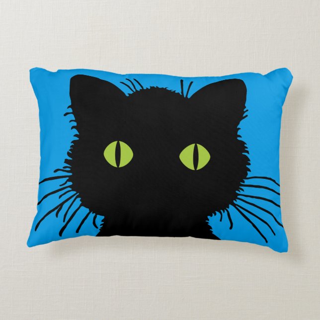 Cojín Decorativo Gato negro curioso con ojos verdes grandes (Reverso)