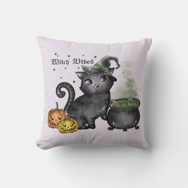 Cojín Decorativo Gato negro de bruja | Vibes de bruja (Anverso)