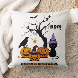 Cojín Decorativo Gato negro de Halloween adorable con calabazas