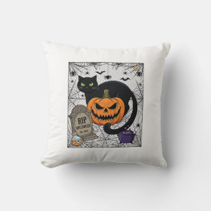 Cojín Decorativo Gato negro de Halloween calabaza lápida caldero Ri