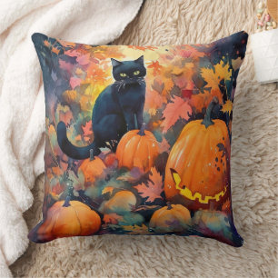 Cojín Decorativo Gato negro de Halloween con calabazas aterradoras
