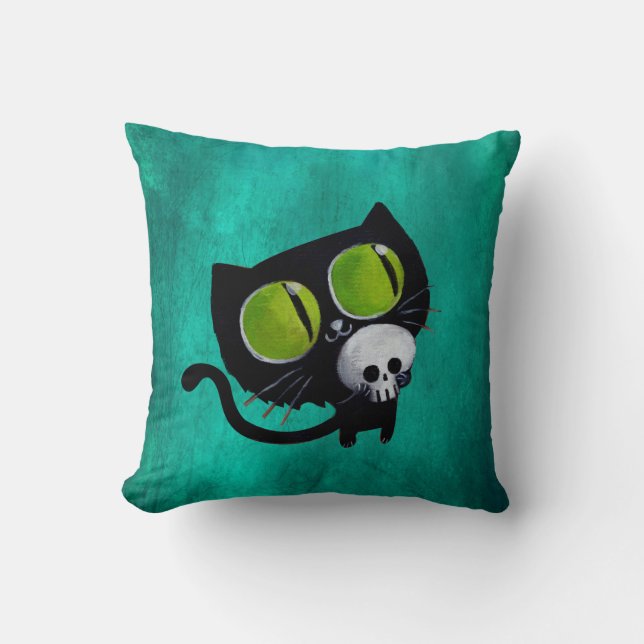 Cojín Decorativo Gato negro de Halloween con el cráneo (Anverso)