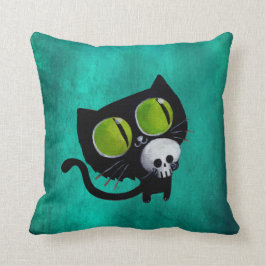 Cojín Decorativo Gato negro de Halloween con el cráneo