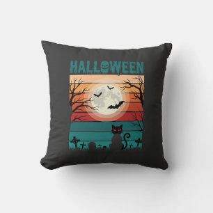 Cojín Decorativo Gato Negro De Halloween Luna Cementerio Retro Vect
