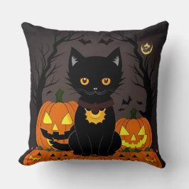 Cojín Decorativo Gato negro de Halloween rodeado de Jack-o'-Lantern