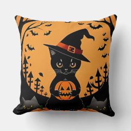 Cojín Decorativo Gato negro de Halloween rodeado de Jack-o'-Lantern
