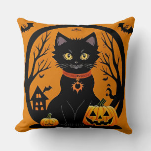 Cojín Decorativo Gato negro de Halloween rodeado de Jack-o'-Lantern