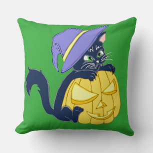Cojín Decorativo Gato negro de Halloween y calabaza