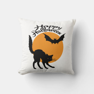 Cojín Decorativo Gato negro de Halloween y murciélago con luna, hal