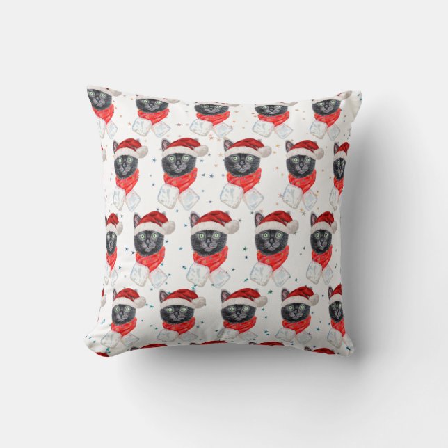 Cojín Decorativo Gato negro de Navidad con bufanda roja (Anverso)