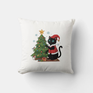 Cojín Decorativo Gato Negro de Navidad Sombrero de Santa Claus Árbo
