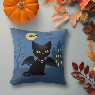 Cojín Decorativo Gato negro de vampiros de Halloween con alas