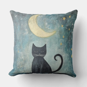 Cojín Decorativo Gato negro durmiendo con luna creciente y estrella
