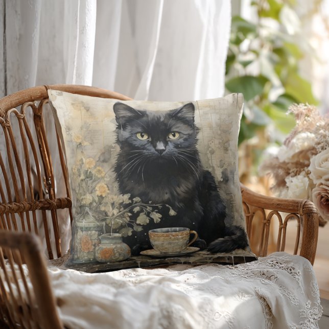 Cojín Decorativo Gato negro elegante (Shabby Chic Black Cat Throw Pillow)