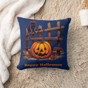 Cojín Decorativo Gato Negro en Jack-O' Lantern de Cerca Feliz Hallo