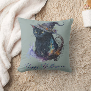 Cojín Decorativo Gato Negro en Sombrero de Bruja Verde Feliz Hallow