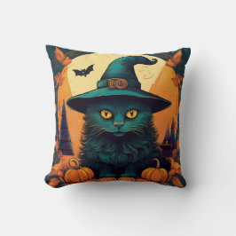 Cojín Decorativo Gato negro en un Gorra de brujas