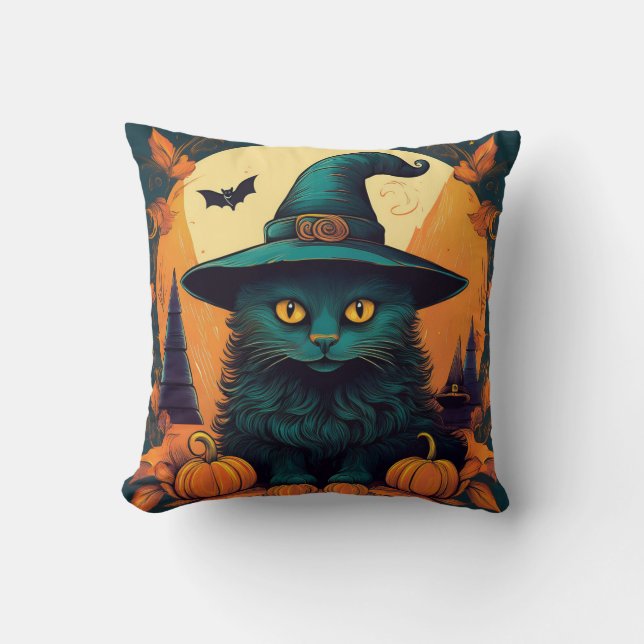 Cojín Decorativo Gato negro en un Gorra de brujas (Anverso)