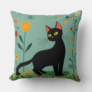 Cojín Decorativo Gato Negro Entre Flores Vibrantes