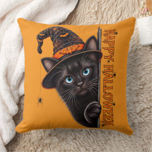 Cojín Decorativo Gato Negro Espeluznante Sombrero de Bruja Hallowee