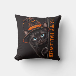Cojín Decorativo Gato Negro Espeluznante Sombrero de Bruja Hallowee