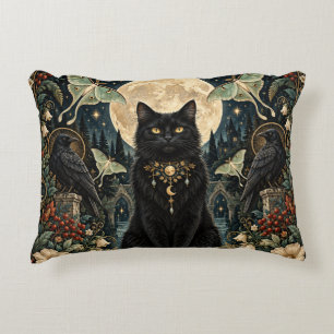 Cojín Decorativo Gato Negro Gótico Celestial con Luna y Cuervos