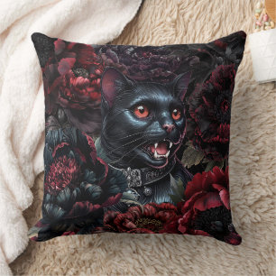Cojín Decorativo Gato Negro Gótico y Flores Oscuras