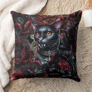 Cojín Decorativo Gato Negro Gótico y Flores Oscuras