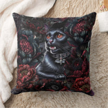 Gato Negro Gótico y Flores Oscuras