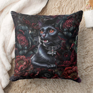 Cojín Decorativo Gato Negro Gótico y Flores Oscuras