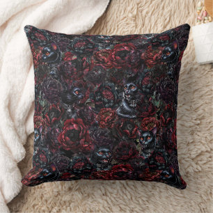 Cojín Decorativo Gato negro gótico y patrón de flores oscuras