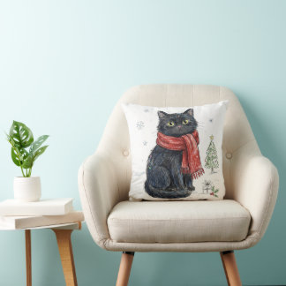 Cojín Decorativo Gato negro lindo con bufanda roja Navidad árbol in