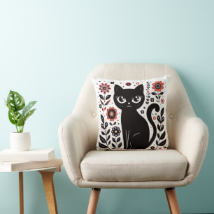Cojín Decorativo Gato negro lindo con ojos grandes y flores