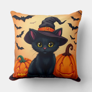 Cojín Decorativo Gato negro lindo con sombrero de bruja rodeado de 