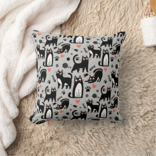 Cojín Decorativo Gato negro lindo patrón sin fisuras en un gris cla