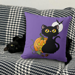 Cojín Decorativo Gato negro lindo púrpura espeluznante de Halloween
