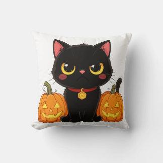 Cojín Decorativo Gato negro lindo y calabazas de Halloween