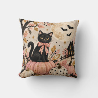 Cojín Decorativo Gato negro lindo y calabazas de Halloween rosadas