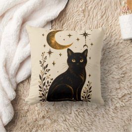 Cojín Decorativo Gato Negro Luna Celestial Gótico Botánico